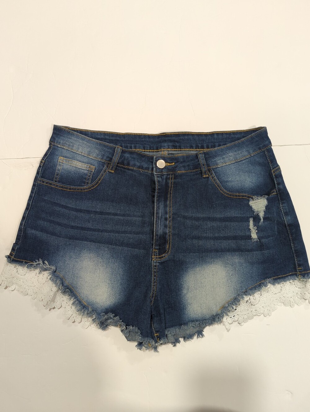 Shein Curve Blue Jean Denim Lace Trim High-Waist Shorts - Women's 2XL Short Boho